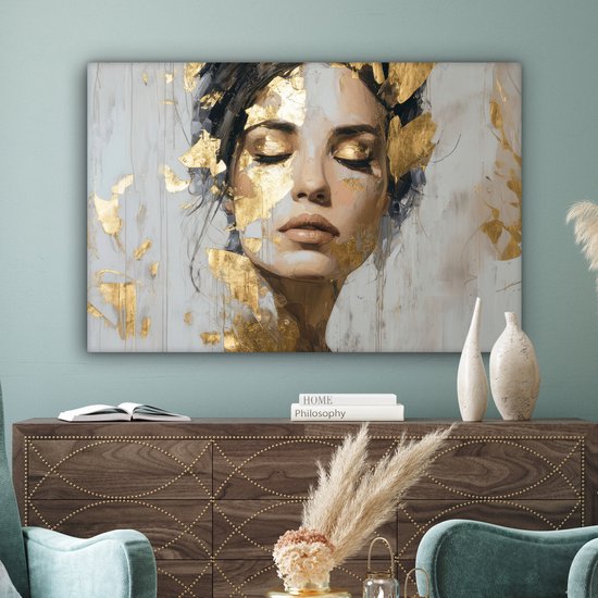 Peinture sur toile 120x80 cm - Décoration murale Gracieuse - Femme - Or - Yeux - Décoration murale salon - Décoration chambre - Accessoires chambre - Peintures sur toile
