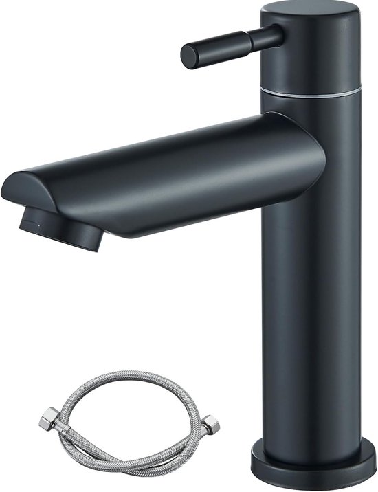 Koudwaterkraan, zwart, voor gastentoilet met uitloop, koudwaterkraan, badkamer, zwart, wastafelarmatuur alleen koud water met reserve-bubbler en aansluitslang