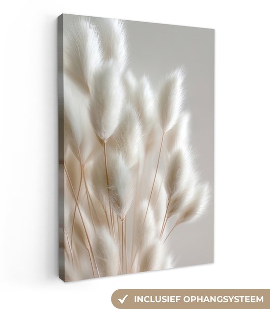 Peinture abstraite de plumes blanches sur fond clair, avec système de suspension inclus.