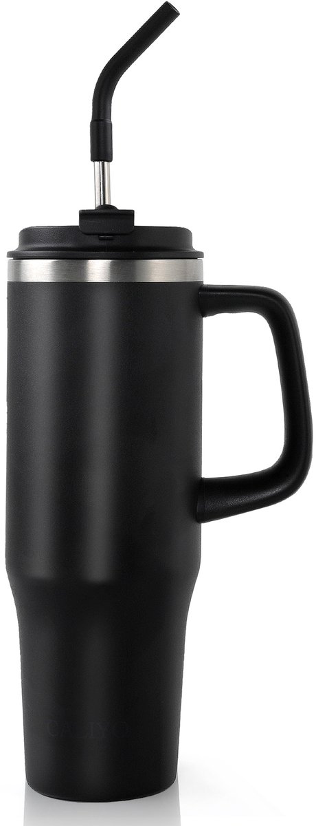 CALIYO Tumbler – RVS Thermosbeker – 1.2L – Lekvrij – Met Rietje & Handvat – Travel Mug To Go - Zwart