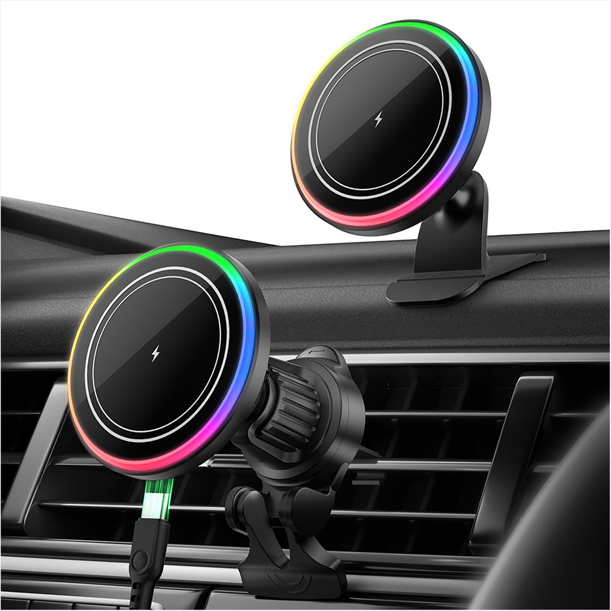 MANKIW MagSafe Draadloze Autolader 15W – Magnetische Telefoonhouder voor Ventilatierooster – Compatibel met iPhone 12/13/14/15/16 – Met RGB-lichteffect