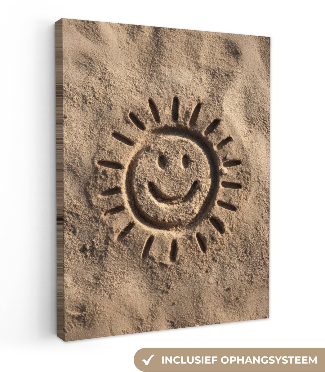 Canvas schilderij 120x160 cm - Exclusieve wanddecoratie Gezichtje - Zon - Zand - Getekend