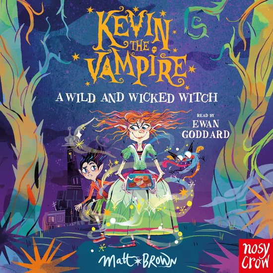 Boekomslag met een cartoon van de heks Kevin de Vampier, met de titel 'KEVIN THE VAMPIRE: A WILD AND WICKED WITCH'.