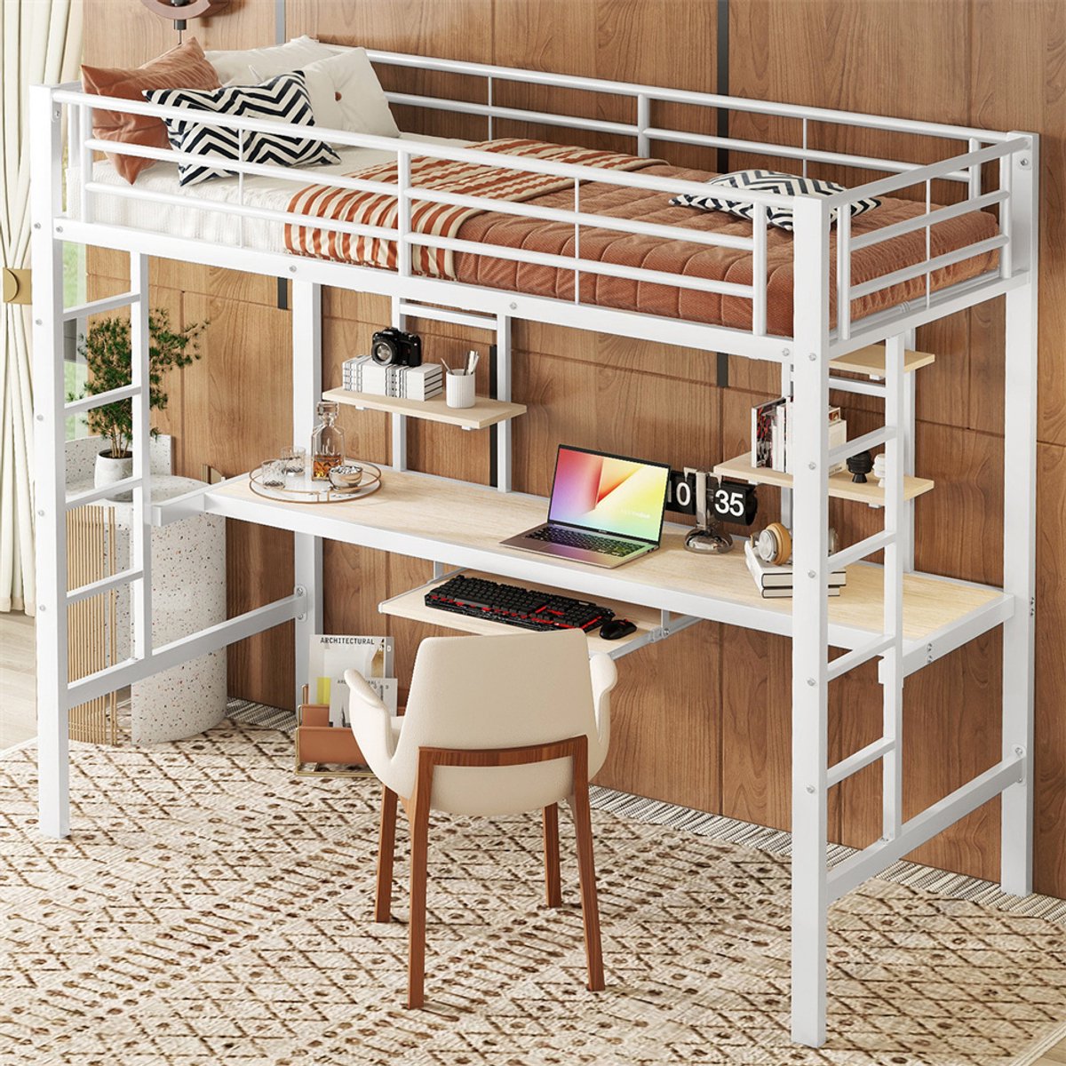 YEHTOKHOME Hoogslaper 90x200 cm met bureau en twee boekenplanken, ijzeren frame, ladder, toetsenbordplank, kinderbed, zonder matras, wit