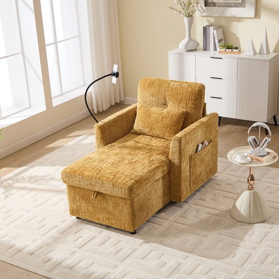 Foto: Pugsdrly multifunctionele bank met neerklapbare rugleuning en houder voor mobiele telefoon chenille individuele fauteuil voor woonkamer slaapkamer kleine huishoudens