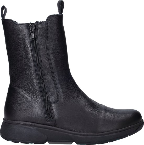 Botte noire en cuir avec fermeture éclair, tirette et semelle en caoutchouc.