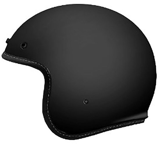 Matzwarte helm met witte stiksels langs de rand.