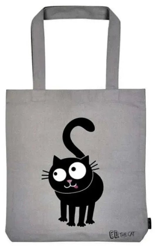 Grijze tas met een grappige, dikke zwarte kat met grote ogen. De kat heeft een lange, gekrulde staart.