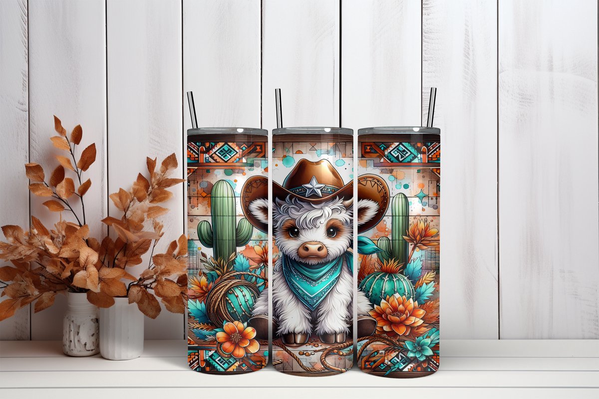 RVS Tumbler Beker 600ml – Cowboy Koe & Cactus – Thermosbeker met Rietje