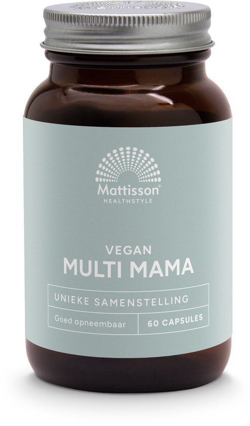 Bruine pot met mintgroene label "Mattisson HEALTHSTYLE VEGAN MULTI MAMA", 60 capsules.
