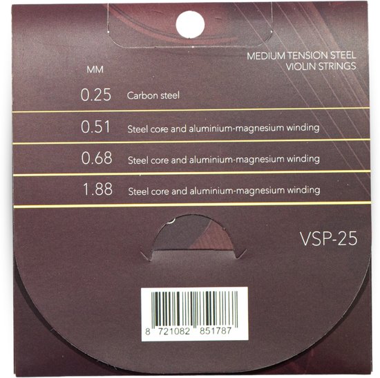 Medium Tension Steel Violin Strings. Maten: 0.25 Carbon steel, 0.51, 0.68, 1.88 mm Steel core & aluminium-magnesium winding. VSP-25.