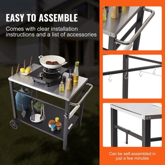 BBQ Werktafel - Barbecue Tafel - Grilltafel - Buitenkeuken Trolley - Werkbank Buiten - Roestvrijstalen Blad - Dubbele Plank - 85x55 cm - Verrijdbaar Met 2 Wielen van Livin'outdoor — afbeelding 3