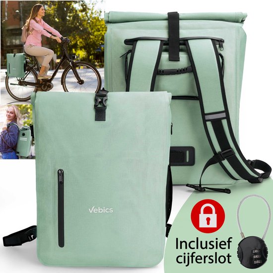 100% Waterdicht Enkele Fietstas - Fietsrugzak - 3-in-1 Waterdichte fietszak - Fietstassen voor Elektrische fietsen - Roll-top - Pakaftas - Incl Cijferslot & Laptopsleeve - Mint