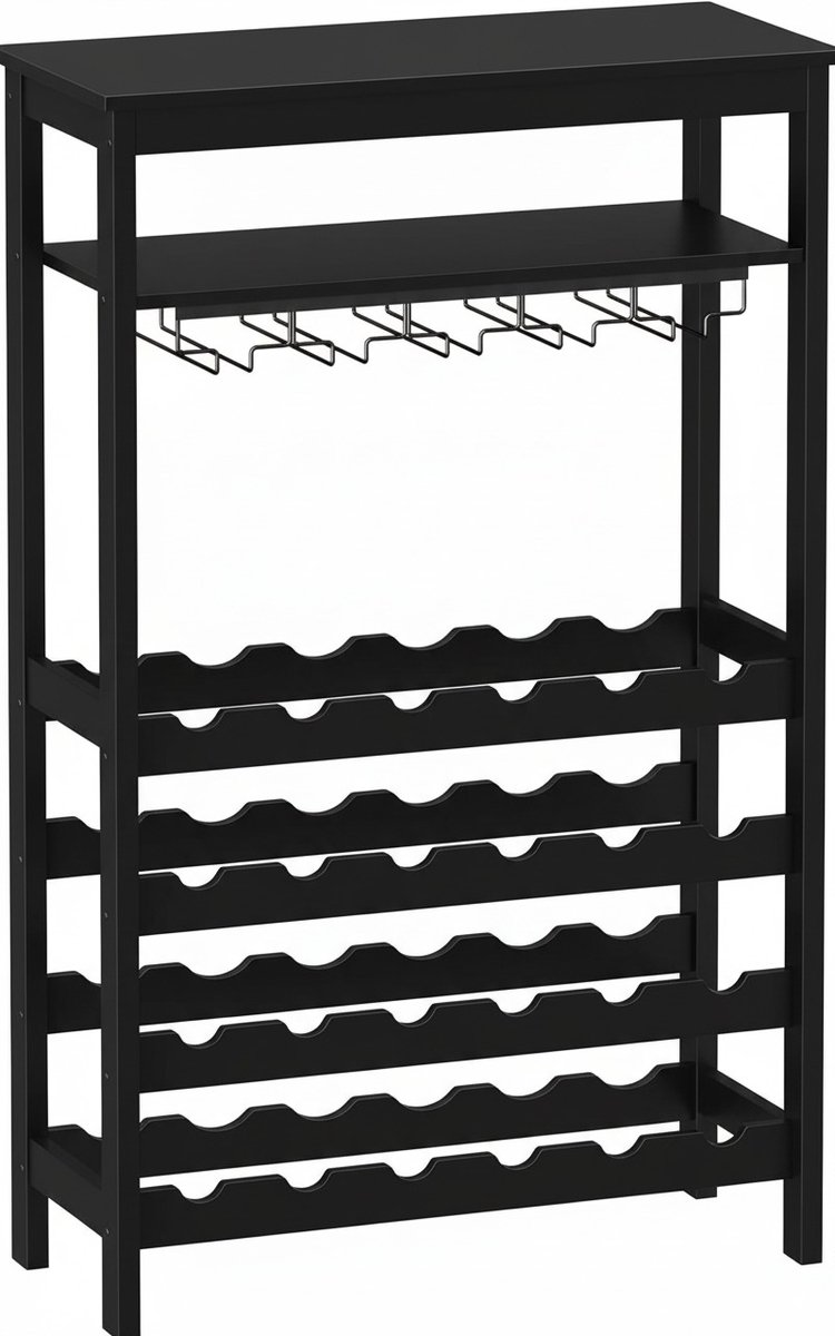 VinoDiMontagna Wijnrek - Wijnkast - Metaal - Hout - Flessenrek voor 24 flessen met Glashouder - 99 x 65 x 29 cm (L x B x H) - Zwart – foto 2
