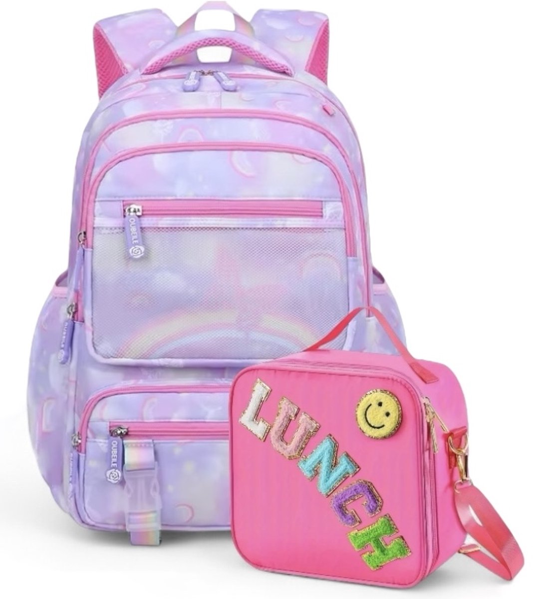 Ultiluxe® Schoolrugzak met lunchtas - Paars/roze/lila - 2 stuks - Schooltas voor kinderen - 19 L en 2 L - Rugtas met vlinder en regenboog - Kleine velvet unicorn schoudertas met sterrenprint - 2-delige eenhoorn tassen set voor meiden