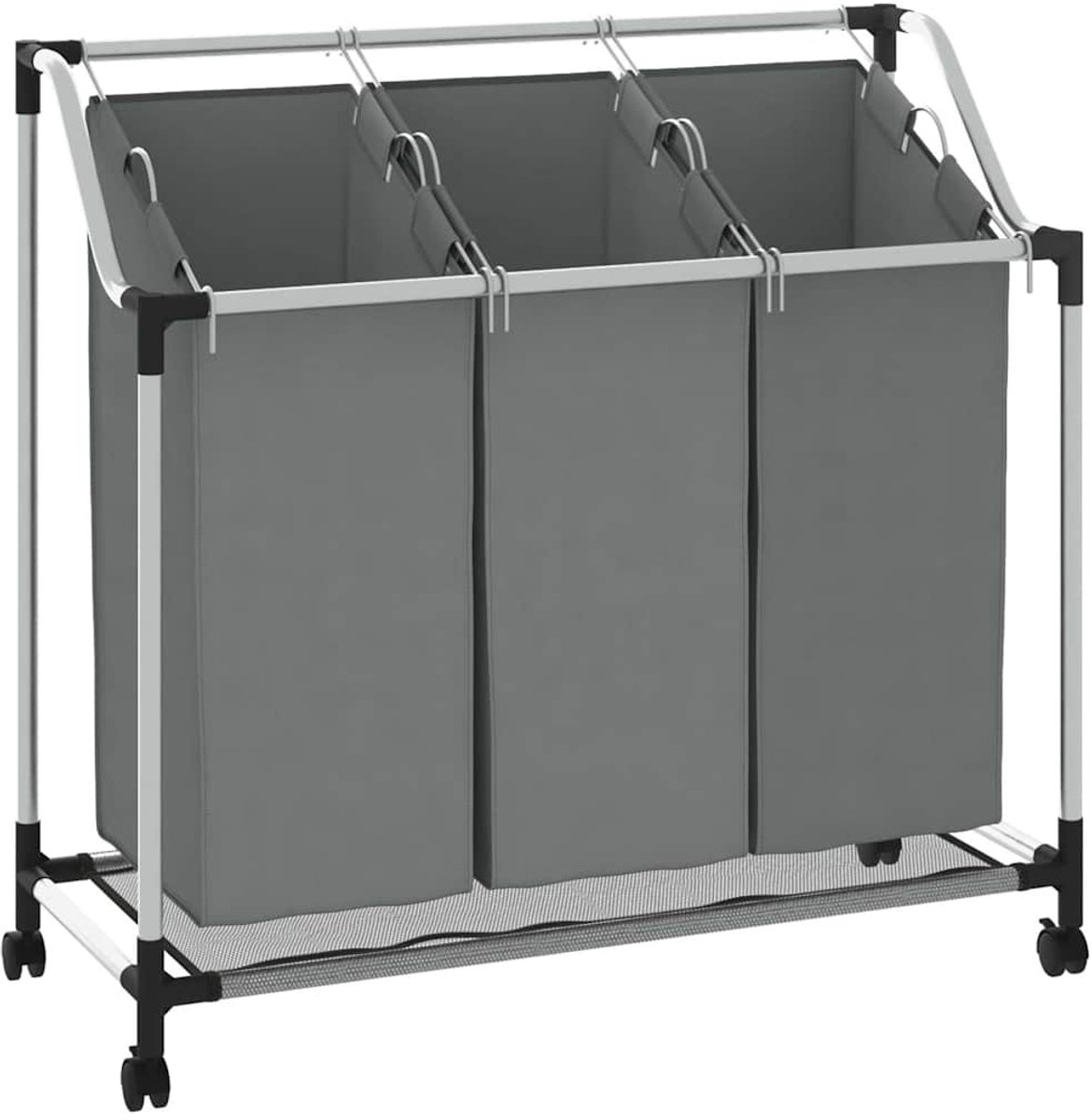 vidaXL - Wasmand - met - wielen - 3 - vakken - grijs