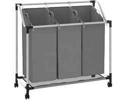 vidaXL - Wasmand - met - wielen - 3 - vakken - grijs