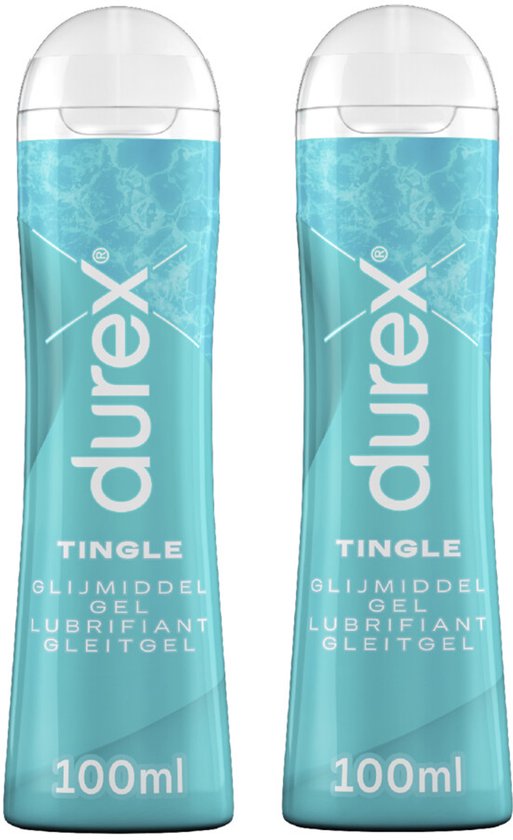 Twee flessen Durex Tingle glijmiddel in blauw met witte dop, elk 100 ml.