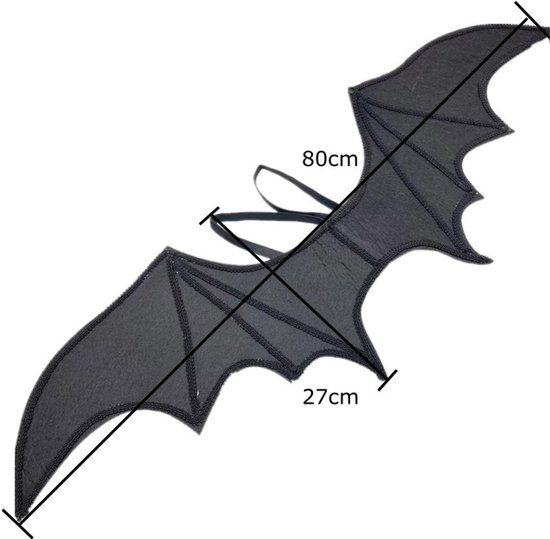 Zwarte vleermuisvleugels met gedetailleerde randen en bandjes, afmetingen 80cm en 27cm, op witte achtergrond.