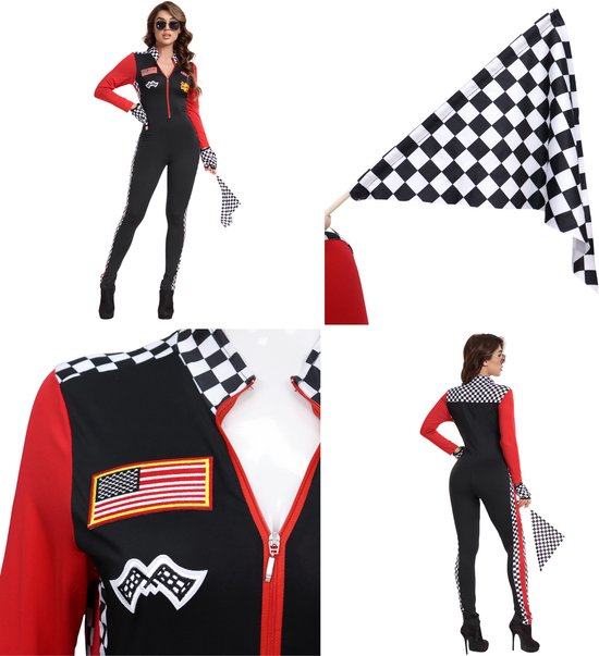 Collage: vrouw in zwarte en rode racesuit, close-up van een Amerikaanse vlag patch, close-up van de kraag, en de achterkant van de jumpsuit met vlag.