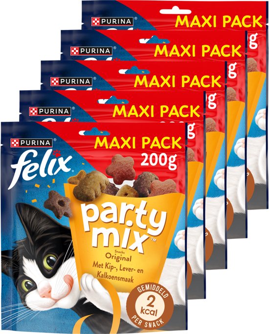 Felix Party Mix Original - Kattensnacks - Kattensnoepjes - Kip Kalkoen & Lever - 5 x 200 g