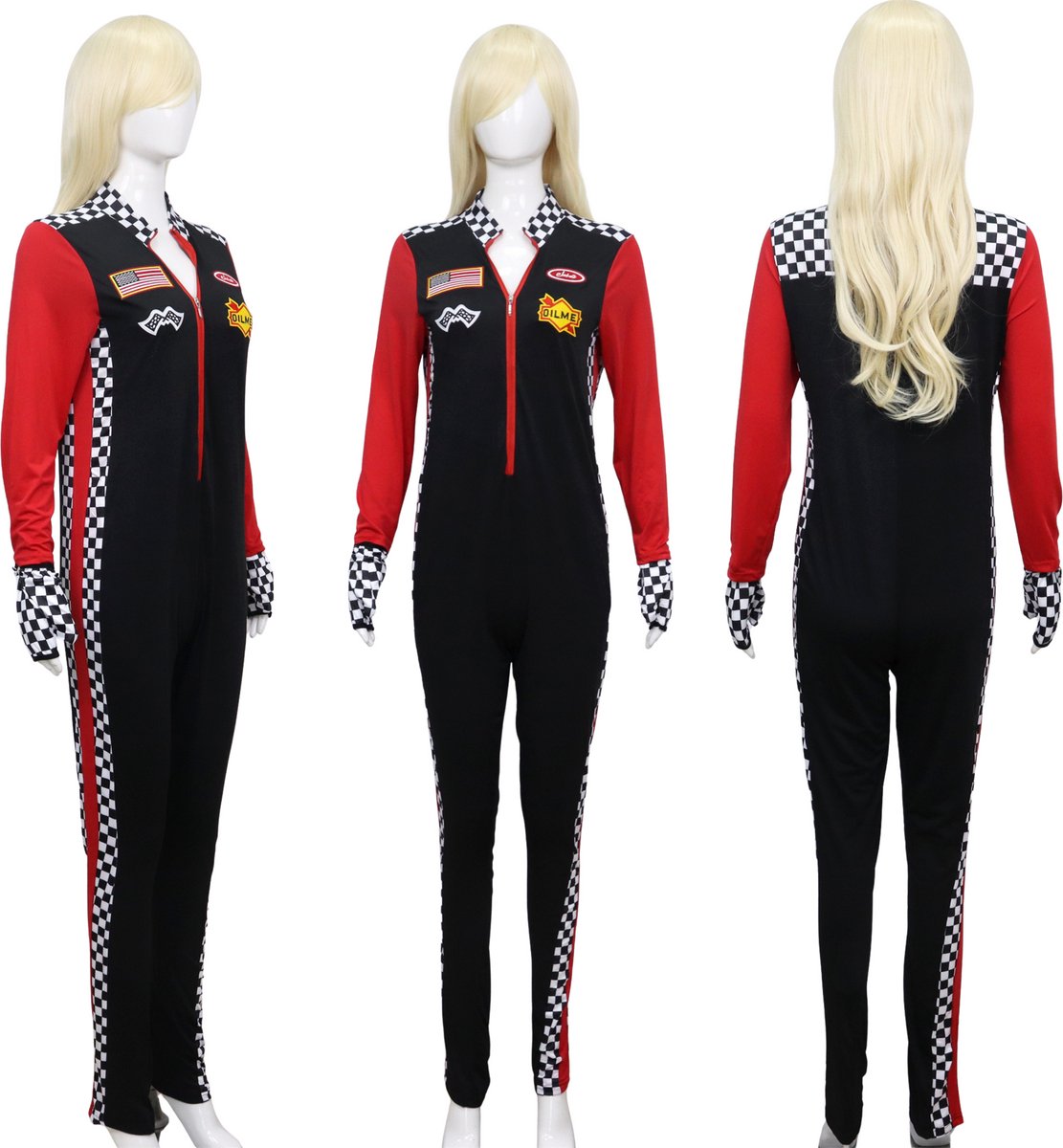 Joya Party® Verkleedpak Formule Sexy Pitspoes Vrouw Volwassenen | Racing Verkleed Pak | Circuit Race Jumpsuit met Handschoenen & Startvlag | Stretch Carnaval Halloween Racepak Outfit | — afbeelding 5