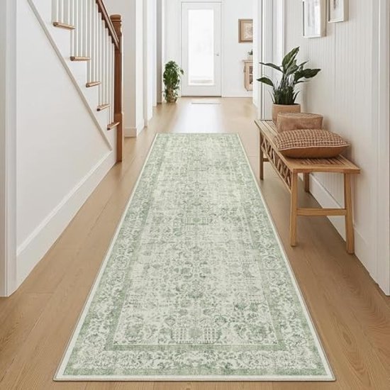 Tapis de couloir Vintage vert 60 x 240 cm, antidérapant, lavable en machine, à poils courts, pour Cuisine, salon, buanderie