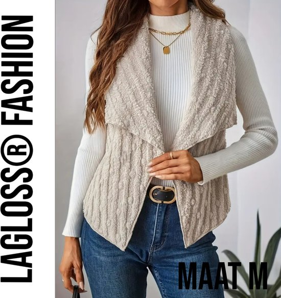 Gilet Mouwloos LaGloss® Teddy crème à rayures et pois pour femme, en peluche douce, idéal pour l'hiver, taille M