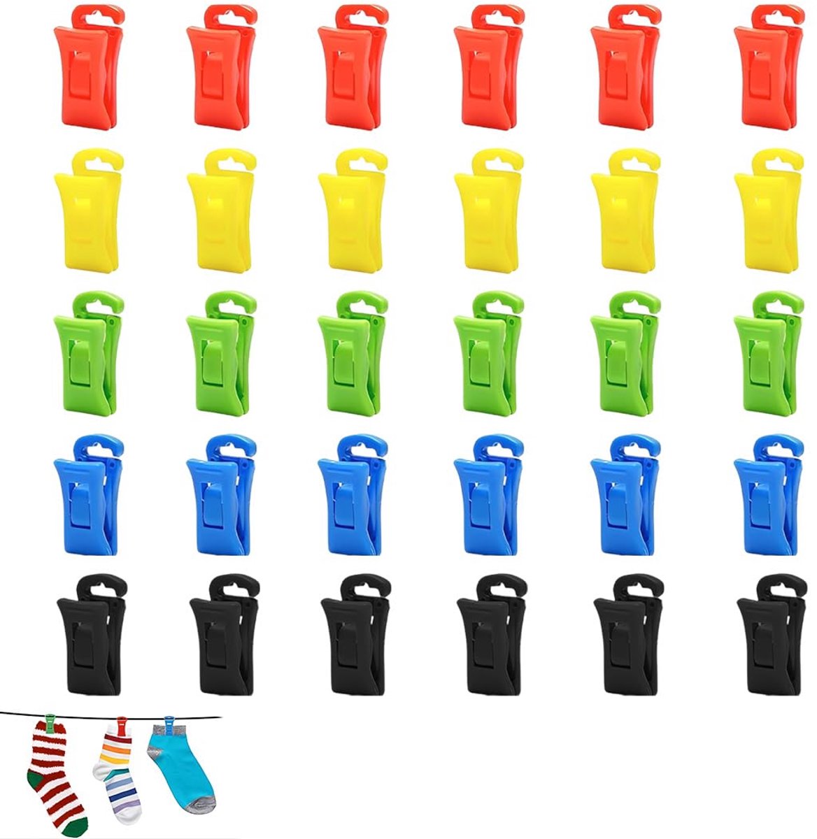 Pack van 30 Sokklips - Kleurige Non-Slip Haakjes voor Wasmachine en Droger