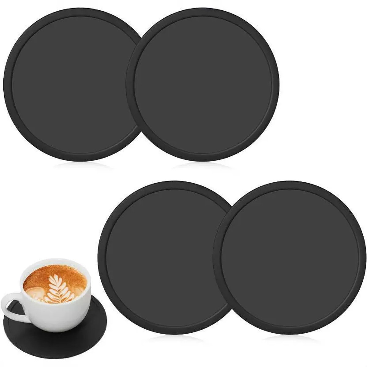 Crrynuo 6-Stuks Siliconen Onderzetters Set Met Opbergstandaard Zwart Ronde Antislip Onderleggers