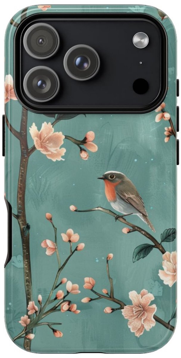 Perzikbloesem en Roodborstjes Patroon – Telefoonhoesje Geschikt voor iPhone 17 Pro