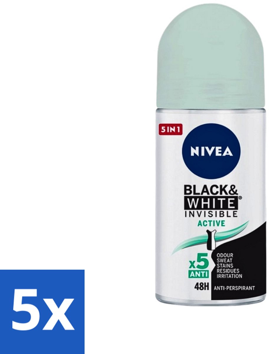 5 x Nivea - Deodorant - Roller - Black & White Invisible - Active - 50 ml - Anti-transpirant - Deodorant Roller - 48 Uur Bescherming - Witte Strepen Voorkomen - Gele Vlekken Voorkomen
