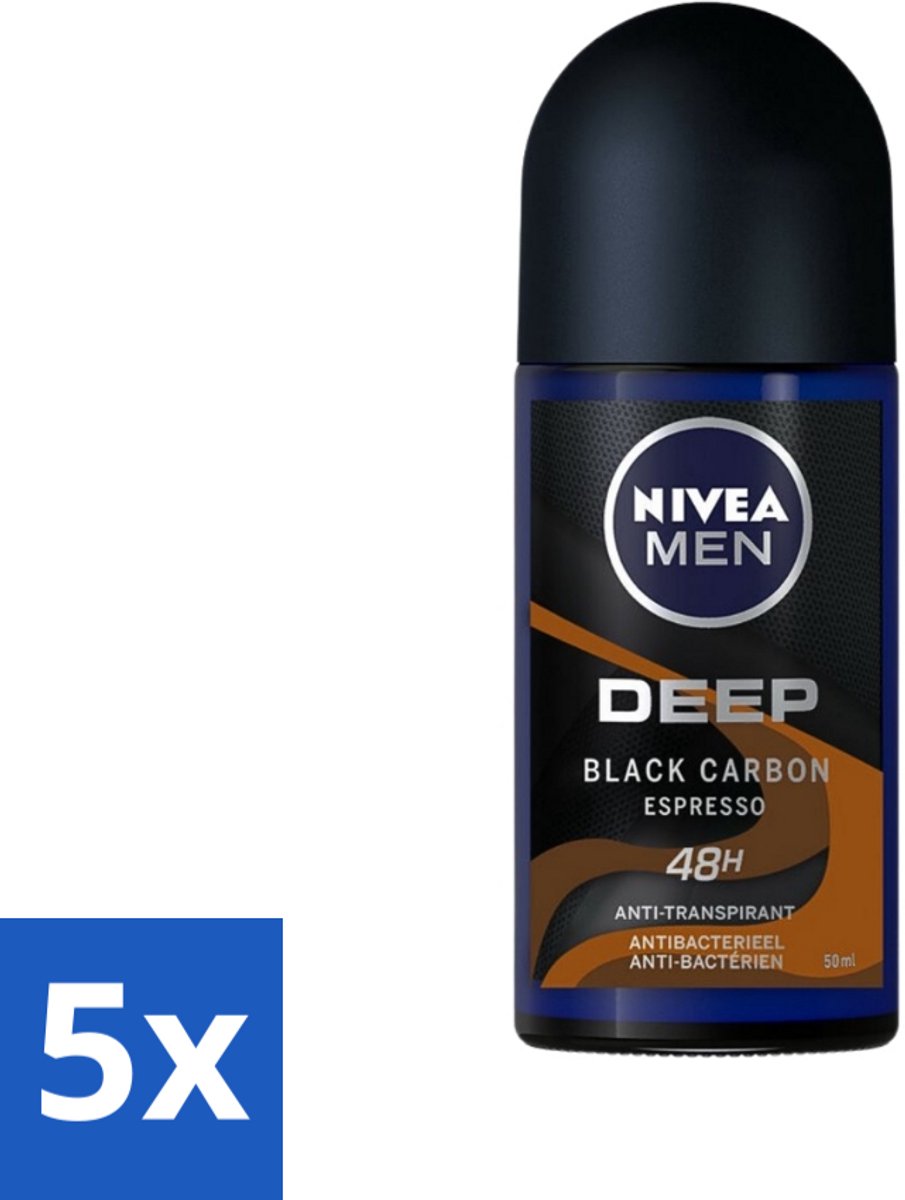 5 x Nivea - Men - Deodorant - Roller - Deep Black Carbon Espresso - 50 ml - Anti-transpirant - Deodorant Roller - Espresso Geur - 48 Uur Bescherming - Actieve Kool