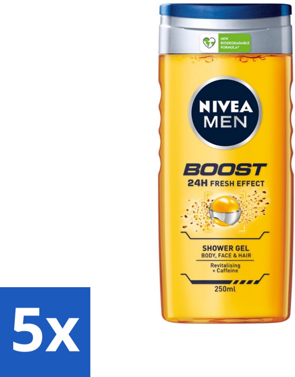 5 x NIVEA Men Boost Douchegel 250 ml - Douchegel - Cafeïne - Energieboost - Fris Effect - Verfrissend