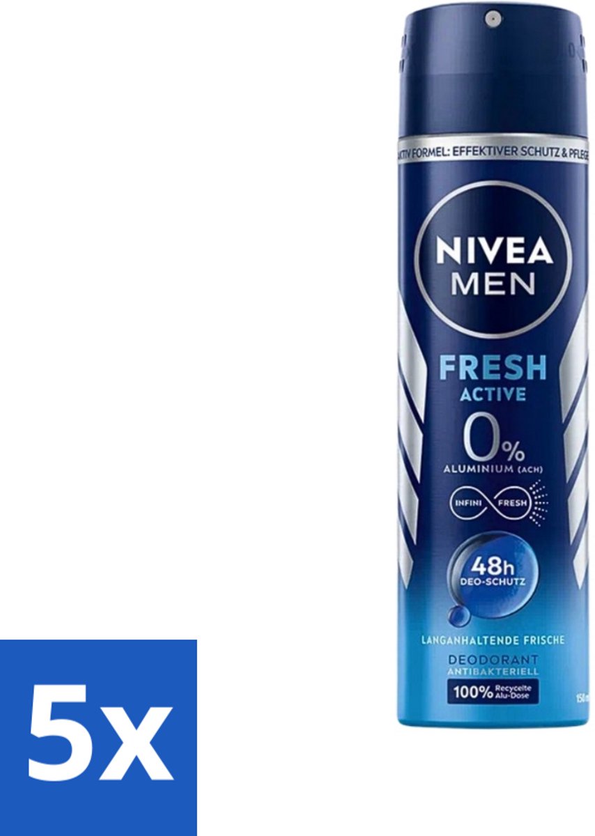5 x Nivea - Men - Deo Spray - Fresh Active - 48 Uur Lang Werkend - 150 ml - 48 Uur Langwerking - Deodorant Spray - Mannelijke Geur - Zweetbescherming - Frisheid