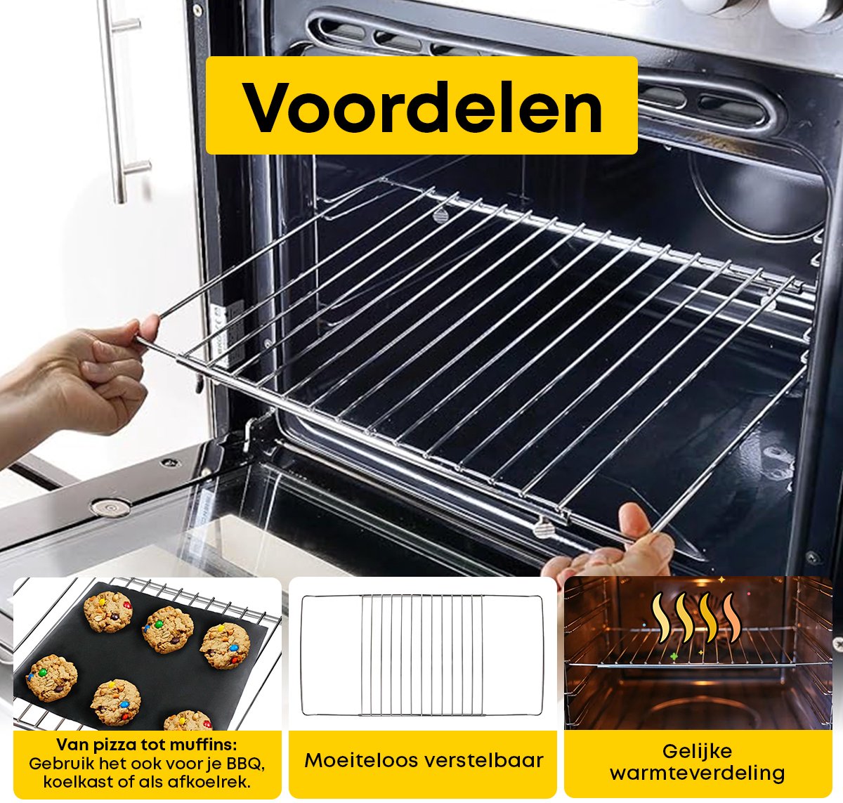 MiniMaxi Universele Ovenrooster 35 CM tot 61 CM - Zeer Grote Verstelbaarheid - Stainless Steel RVS - Past In Vaatwasser En Is Roestbestendig - Voor BBQ Rooster en Koelkast Inlegrooster - eBook toegang — afbeelding 5