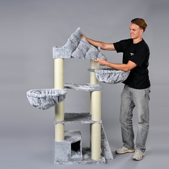 RHRQuality Corner Coon Krabpaal Voor Grote Katten - 60 x 56 x 151 cm - Licht Grijs