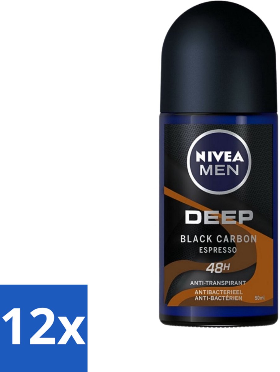 12 x Nivea - Men - Deodorant - Roller - Deep Black Carbon Espresso - 50 ml - NIVEA MEN - Anti-transpirant - Deodorant Roller - Espresso Geur - 48 Uur Bescherming