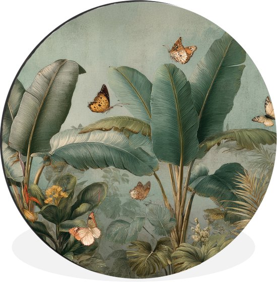 WallCircle - Wandcirkel - Muurcirkel - Tropisch bladerdek - Vlinders - groen - Bruin - Aluminium - Dibond - 60x60 cm - Binnen en Buiten