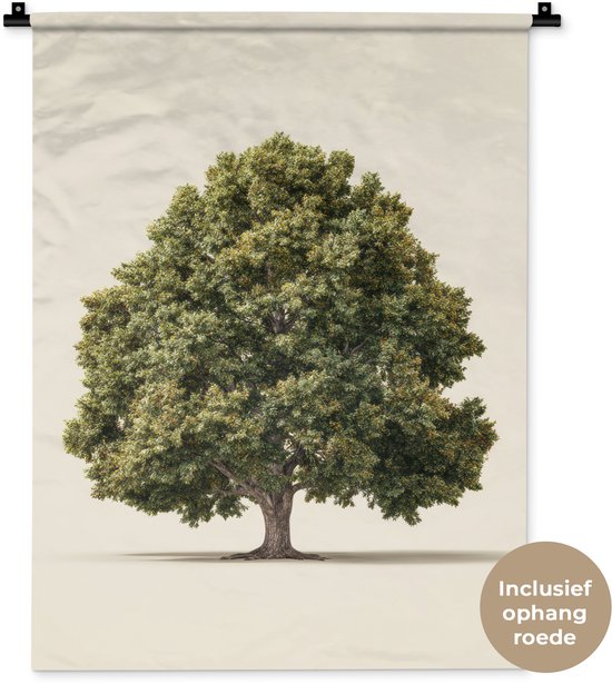 Een volle groene eikenboom op een lichte achtergrond. Ingeschreven tekst: 'Inclusief ophang roede'.