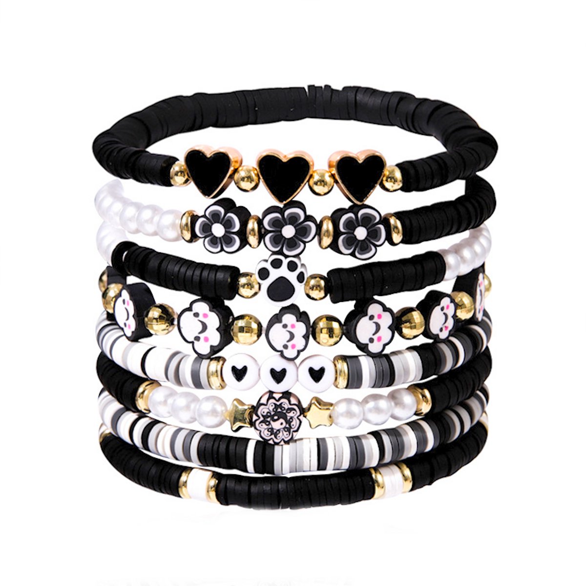 Hartje - Bloem Armbanden Set - Zwart/Wit | 8-delig | Polymeer Klei | Fashion Favorite