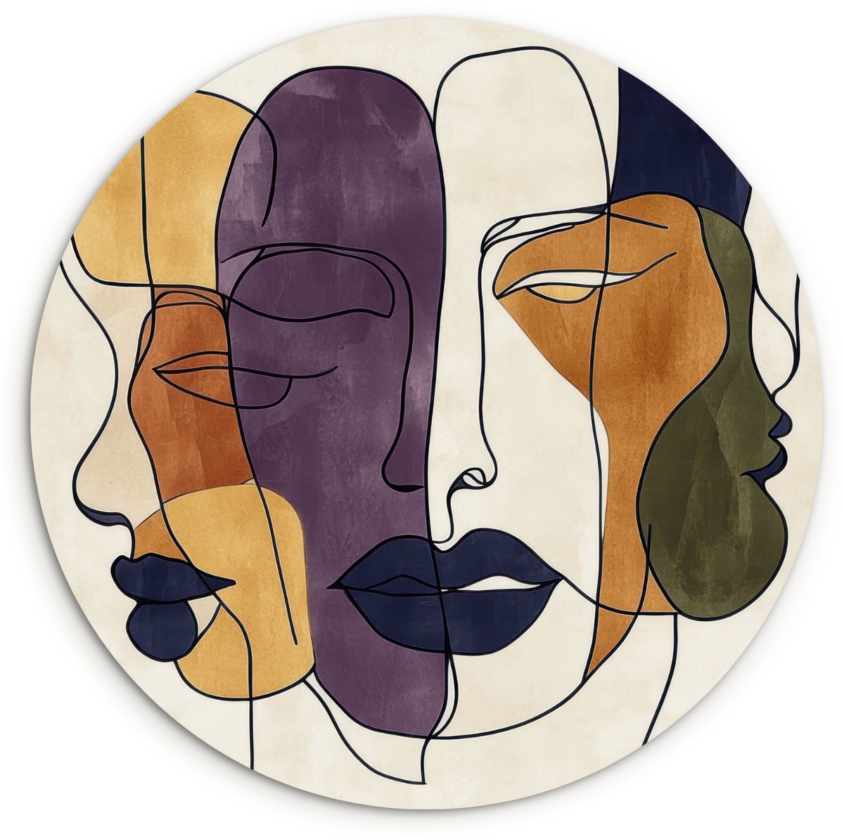 WallCircle Wandcirkel 150x150 cm - Muurcirkel Abstract - Overlappende gezichten - Paars - Donkergroen - Muurdecoratie woonkamer - Wanddecoratie slaapkamer - Kamer decoratie accessoires - Ronde schilderijen Abstract - Gezichten