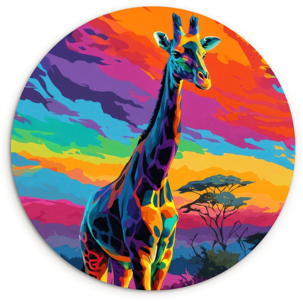 WallCircle Wandcirkel 90x90 cm - Muurcirkel Giraffe - Savanna - Lucht - Gekleurd - Muurdecoratie woonkamer - Wanddecoratie slaapkamer - Kamer decoratie accessoires - Ronde schilderijen Giraffe - Kleurrijk