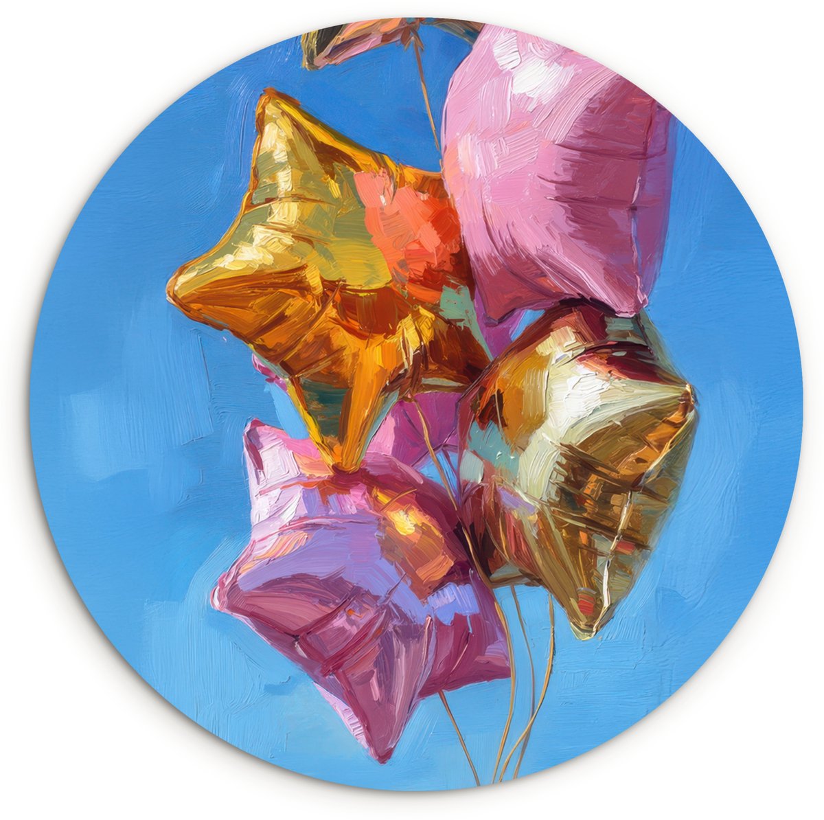 WallCircle Wandcirkel 140x140 cm - Muurcirkel Ballonnen - Goud - Stervorm - Roze - Muurdecoratie woonkamer - Wanddecoratie slaapkamer - Kamer decoratie accessoires - Ronde schilderijen