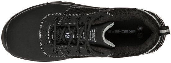 Zwarte S1 werkschoen van Skechers, van bovenaf gezien, met veters en witte stiksels.