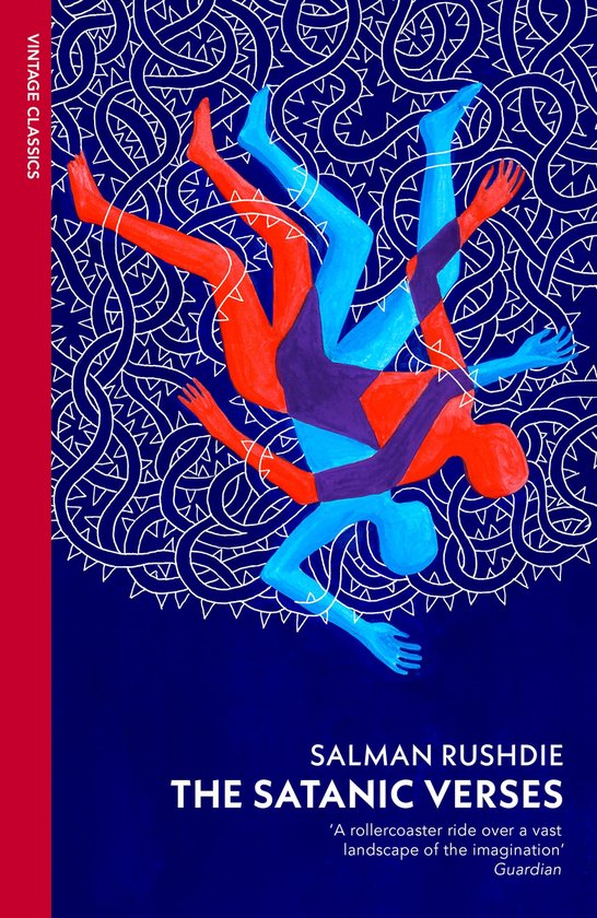 Vintage Classics : Les Versets Sataniques de Salman Rushdie. Illustration abstraite avec des figures humaines bleues, rouges et violettes et des lignes blanches ondulées sur fond bleu.