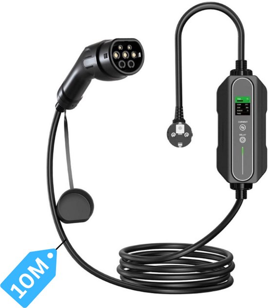 Foto: Mobiele thuislader type 2 vanaf stopcontact 10 meter kabel 3 7 kw ip67 waterdicht 6a 8a 10a 13a 16a 1 fase tpu kabel uitgesteld laden functie timer functie memory functie grodt mobiele lader type 2