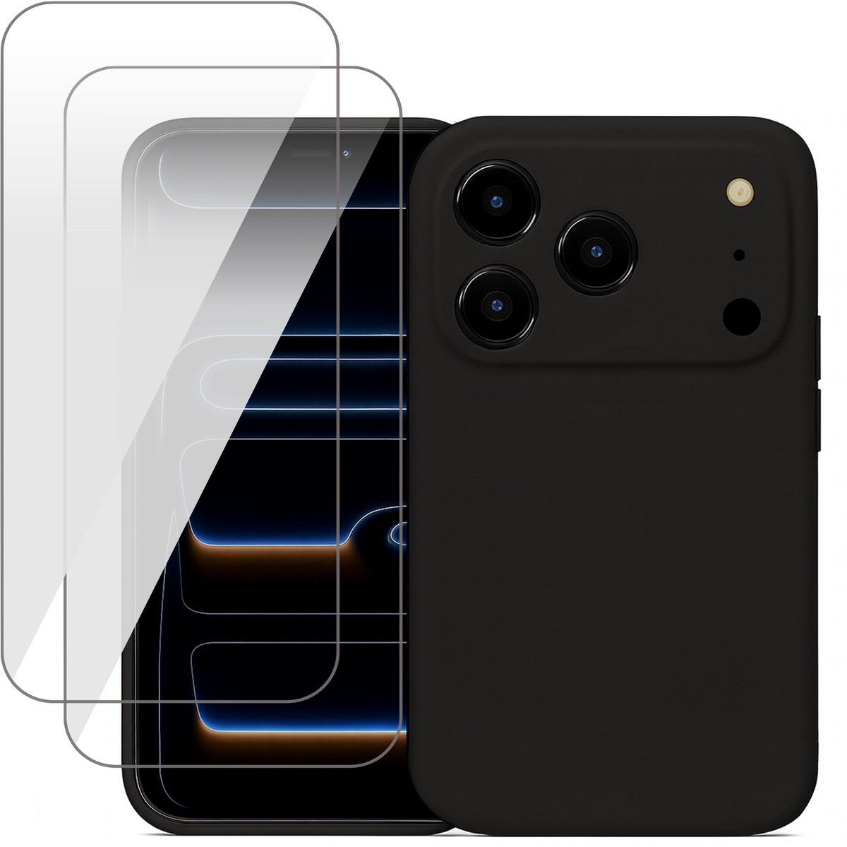 Hoesje geschikt voor iPhone 17 Pro Max - 2x Screenprotector Glas - Mat Back Case Zwart