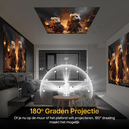 Lumenix beamer projecteert 180 graden op muur en plafond in slaapkamer. Beelden van twee muizen in middeleeuwse kledij.