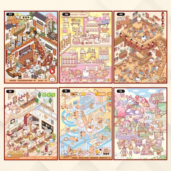 Selectie van 6 paginagrote stickers met capybara's in diverse scènes: een traditioneel restaurant, een woonkamer, een Japans café, een bloemenwinkel, een winkel met veel producten, en een speelruimte.